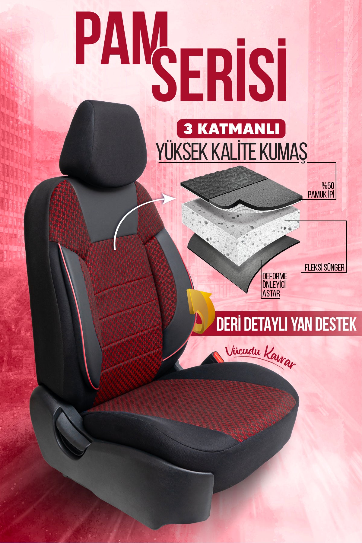 PAM Serisi Pamuklu Kumaş Universal Oto Koltuk Kılıfı Tam Set
