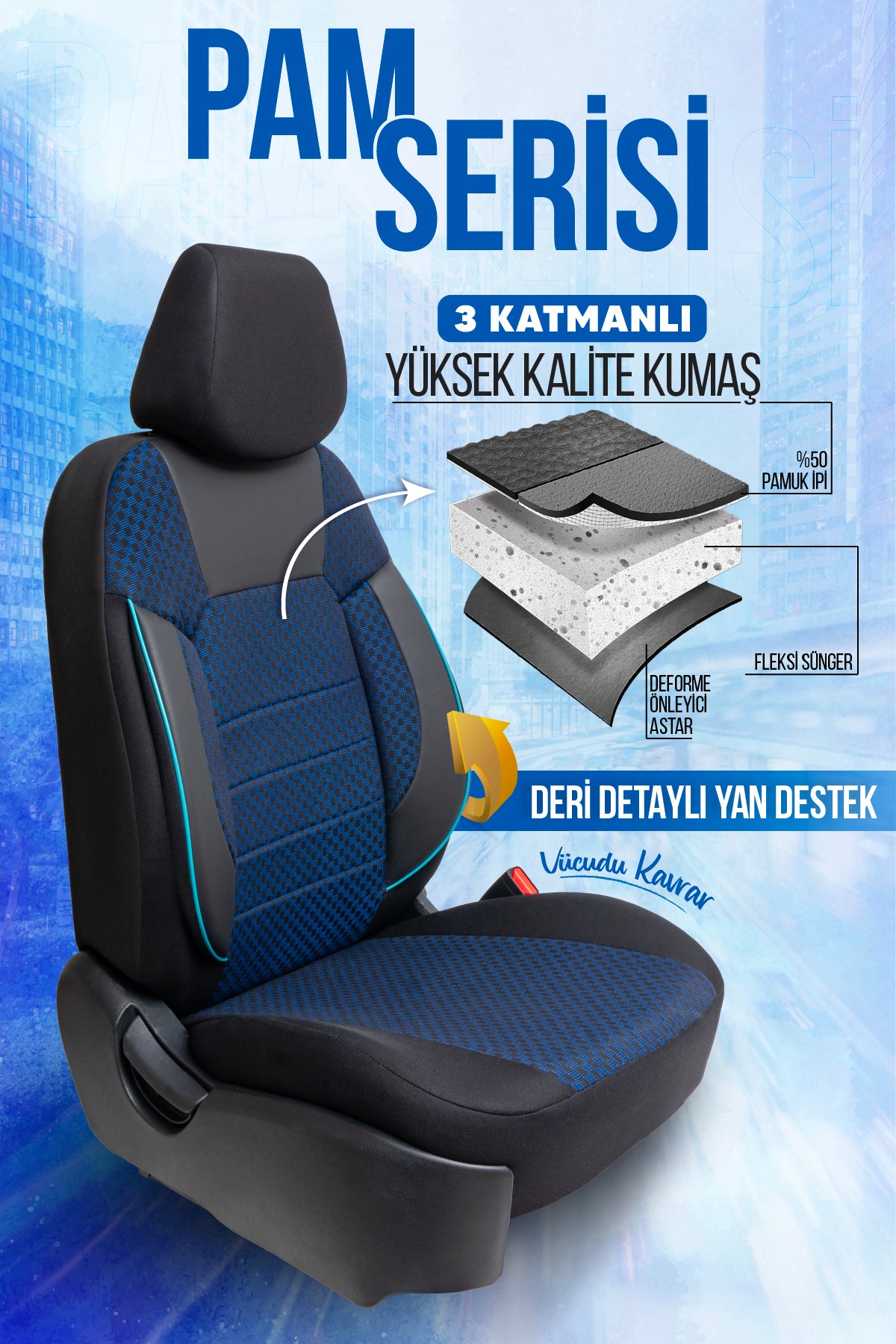 PAM Serisi Pamuklu Kumaş Universal Oto Koltuk Kılıfı Tam Set