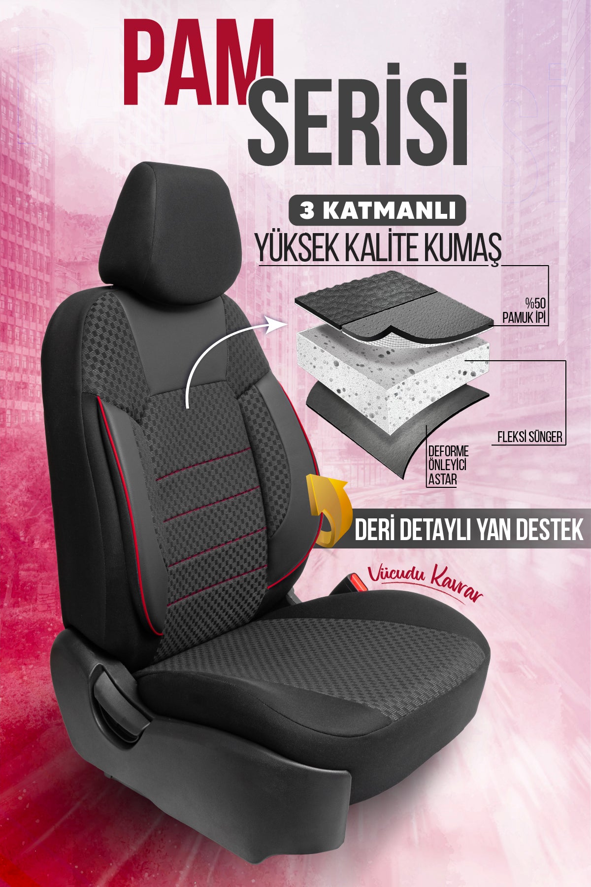 PAM Serisi Pamuklu Kumaş Universal Oto Koltuk Kılıfı Tam Set