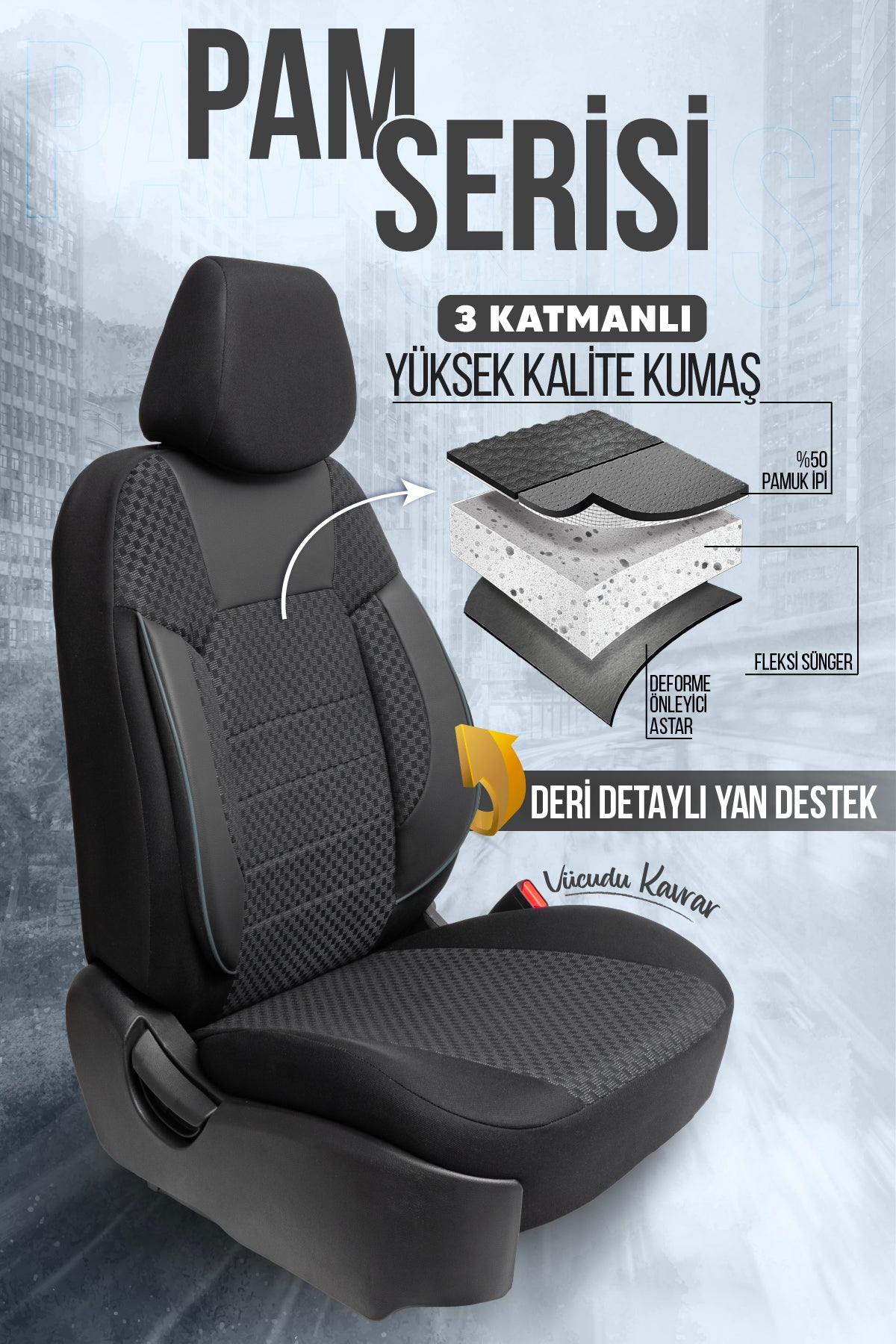 PAM Serisi Pamuklu Kumaş Universal Oto Koltuk Kılıfı Tam Set