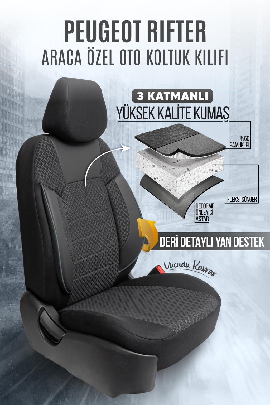 Peugeot Rifter Uyumlu Pamuklu Kumaş Araca Özel Oto Koltuk Kılıfı Tam Set