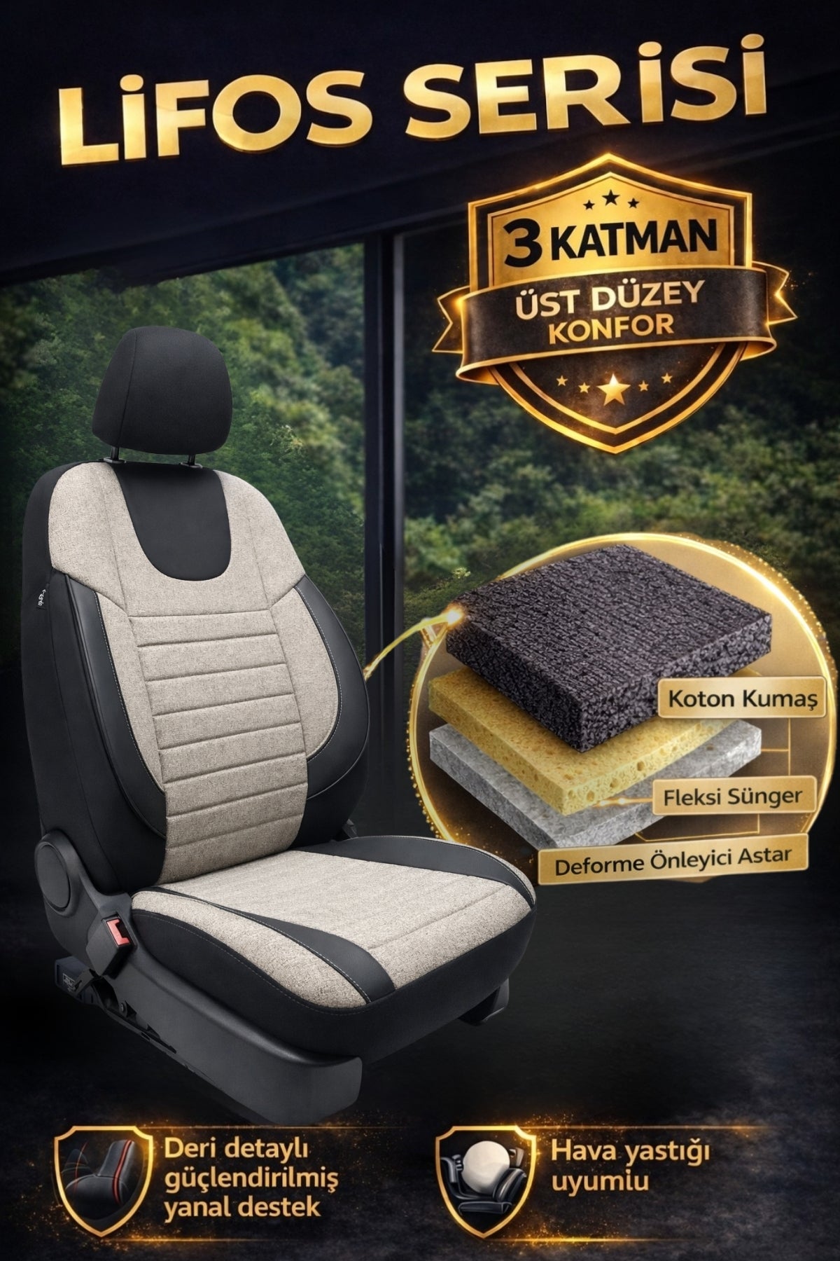 LİFOS Serisi Koton Kumaş Universal Oto Koltuk Kılıfı Tam Set