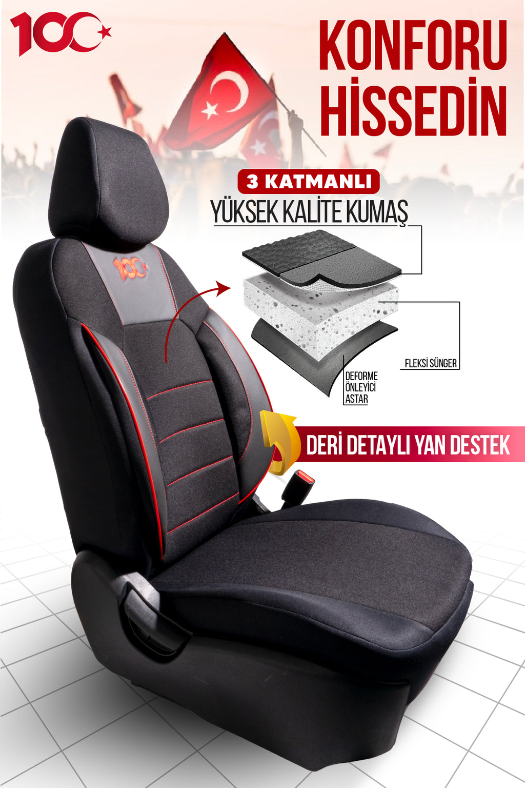 100. YIL ÖZEL Serisi Lakost Kumaş Universal Oto Koltuk Kılıfı