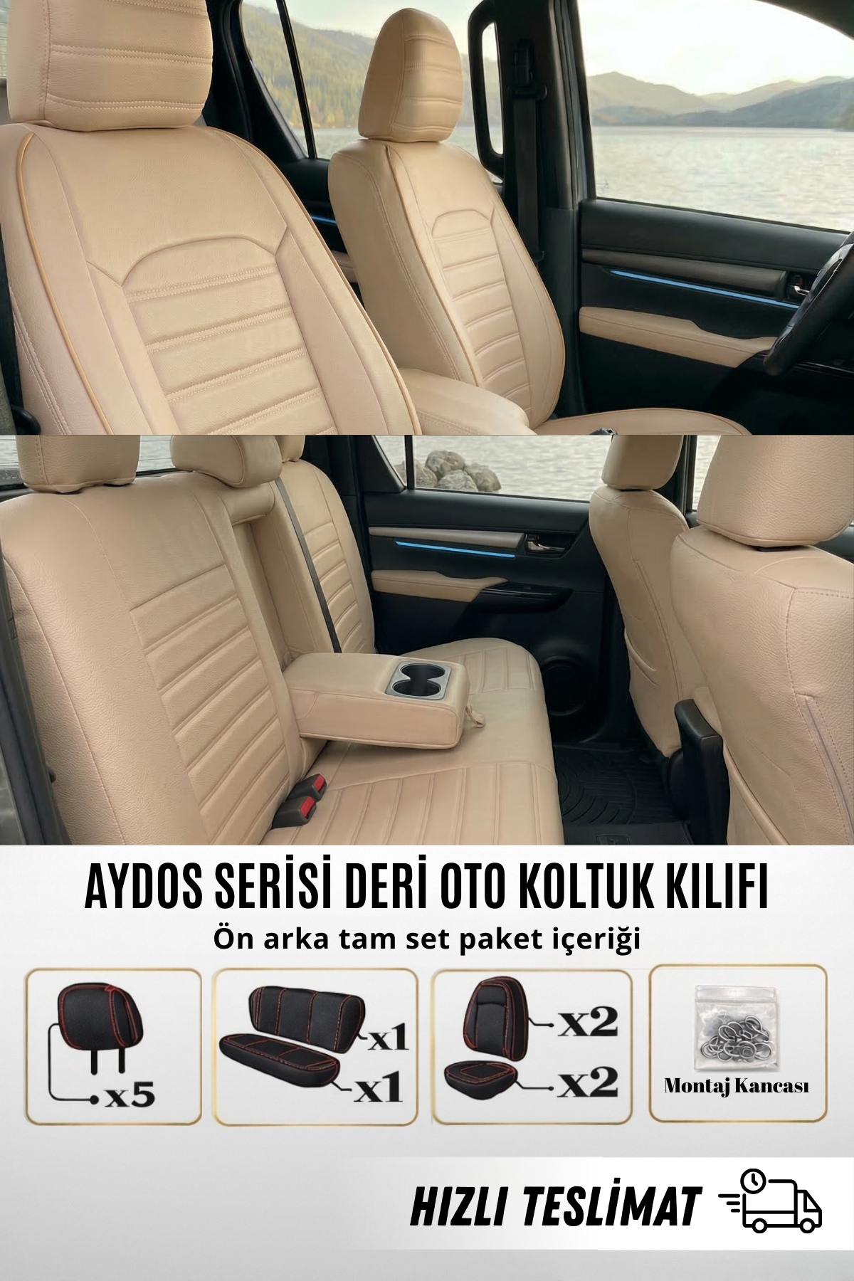 AYDOS Serisi Deri Kumaş Universal Oto Koltuk Kılıfı Tam Set (Kopya)