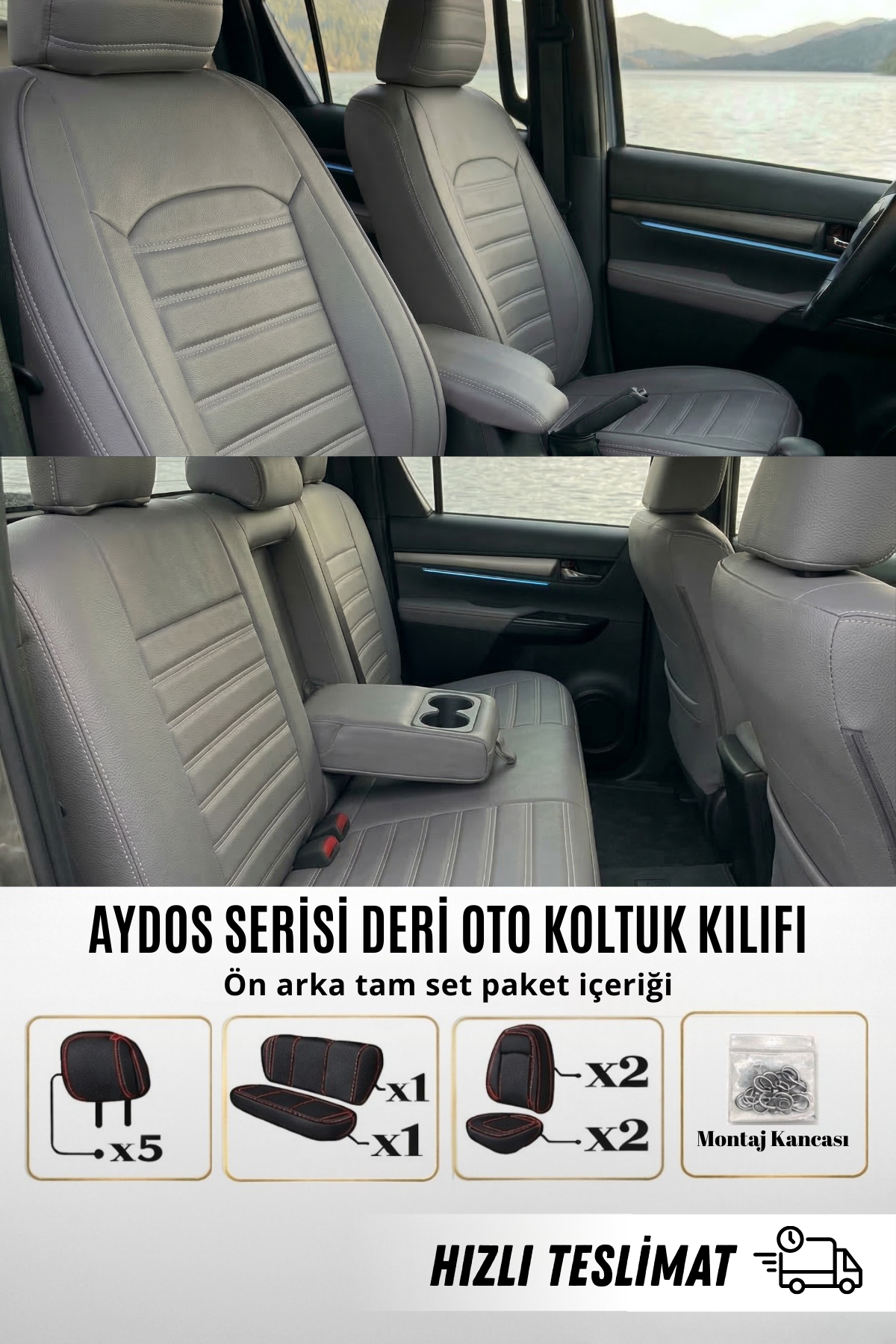 AYDOS Serisi Deri Kumaş Universal Oto Koltuk Kılıfı Tam Set (Kopya)