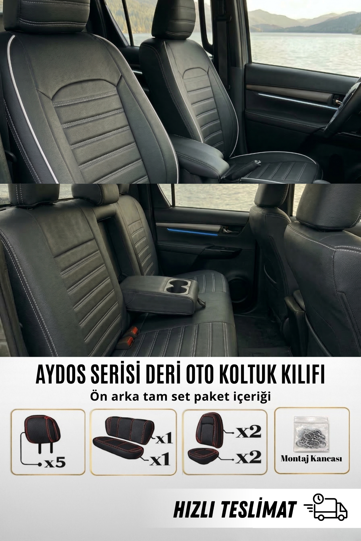 AYDOS Serisi Deri Kumaş Universal Oto Koltuk Kılıfı Tam Set (Kopya)