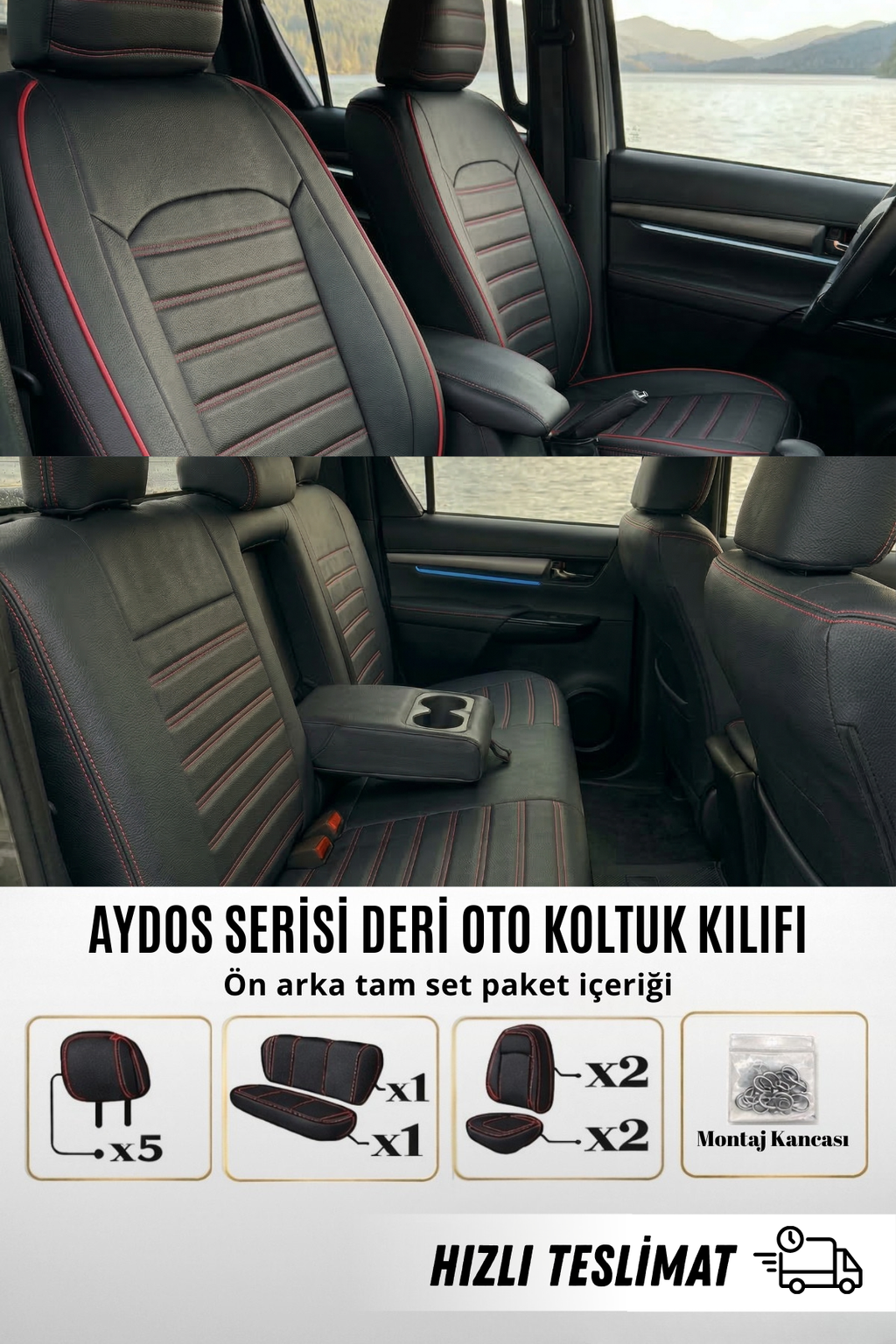 AYDOS Serisi Deri Kumaş Universal Oto Koltuk Kılıfı Tam Set