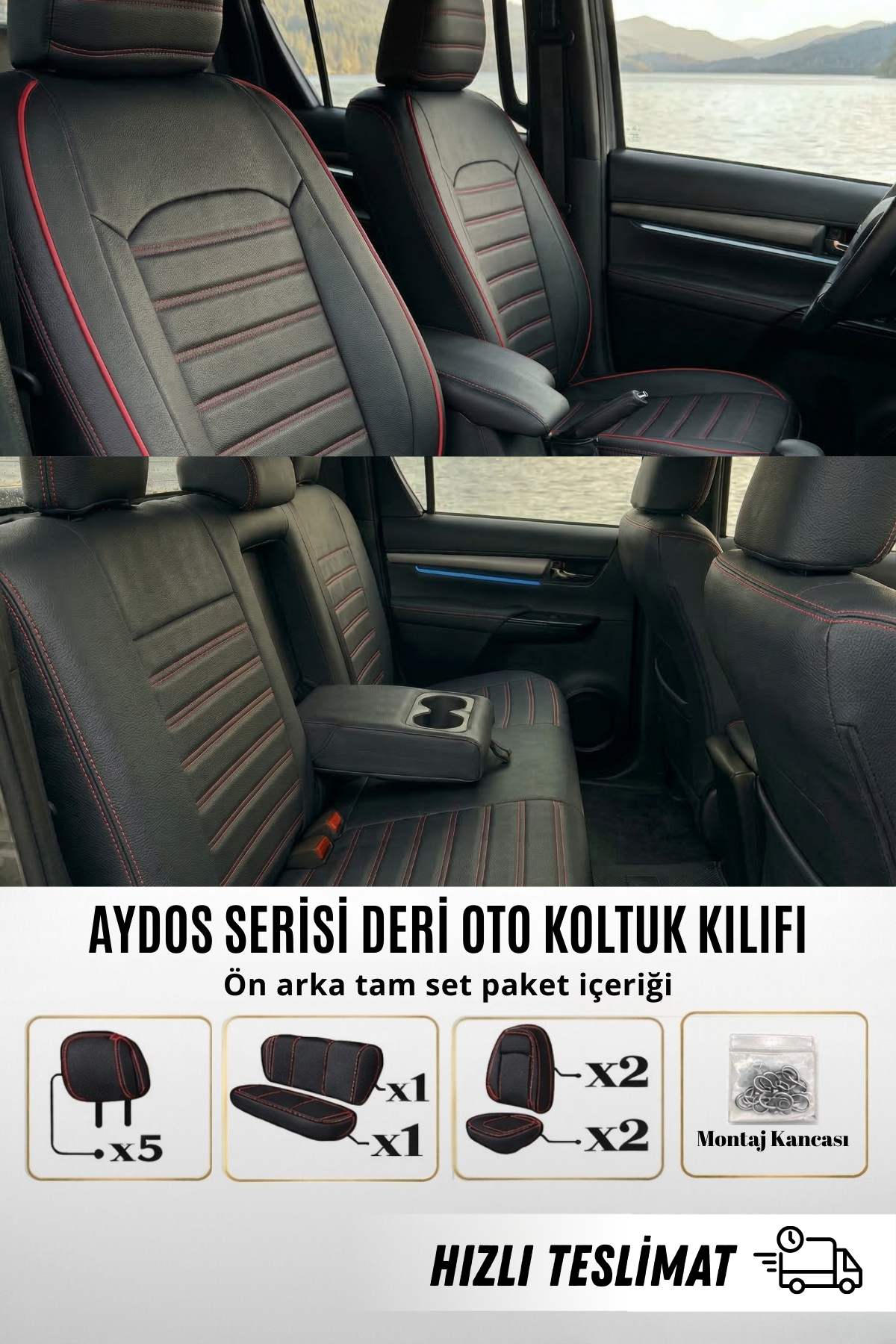 AYDOS Serisi Deri Kumaş Universal Oto Koltuk Kılıfı Tam Set (Kopya)