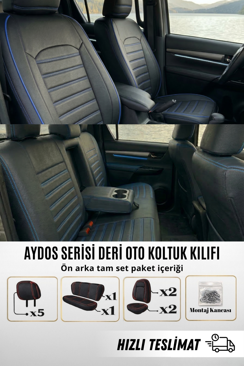 AYDOS Serisi Deri Kumaş Universal Oto Koltuk Kılıfı Tam Set