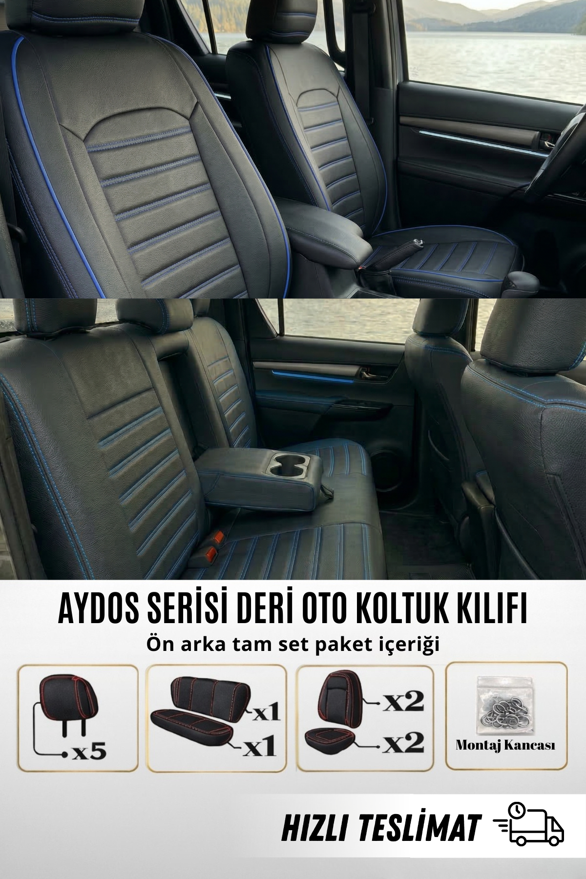 AYDOS Serisi Deri Kumaş Universal Oto Koltuk Kılıfı Tam Set (Kopya)