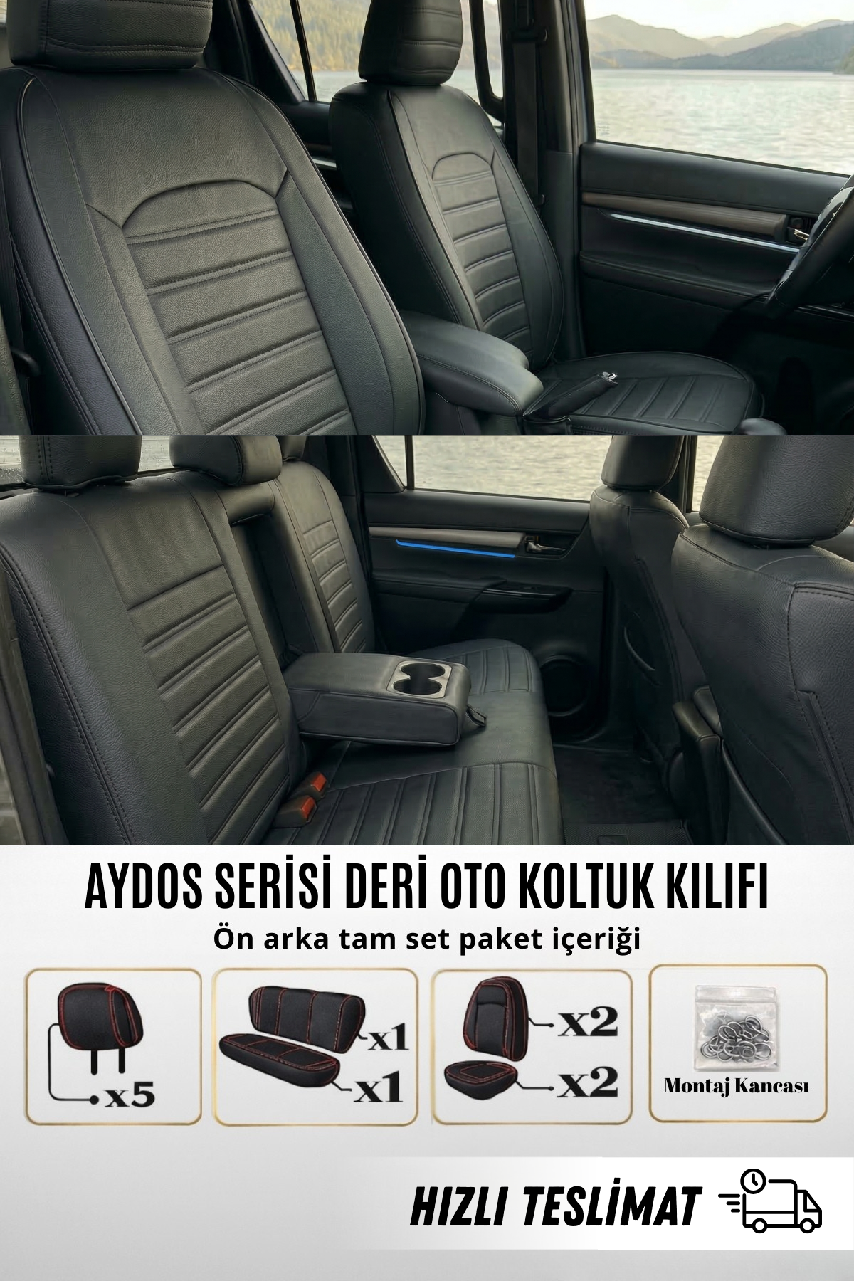 AYDOS Serisi Deri Kumaş Universal Oto Koltuk Kılıfı Tam Set (Kopya)