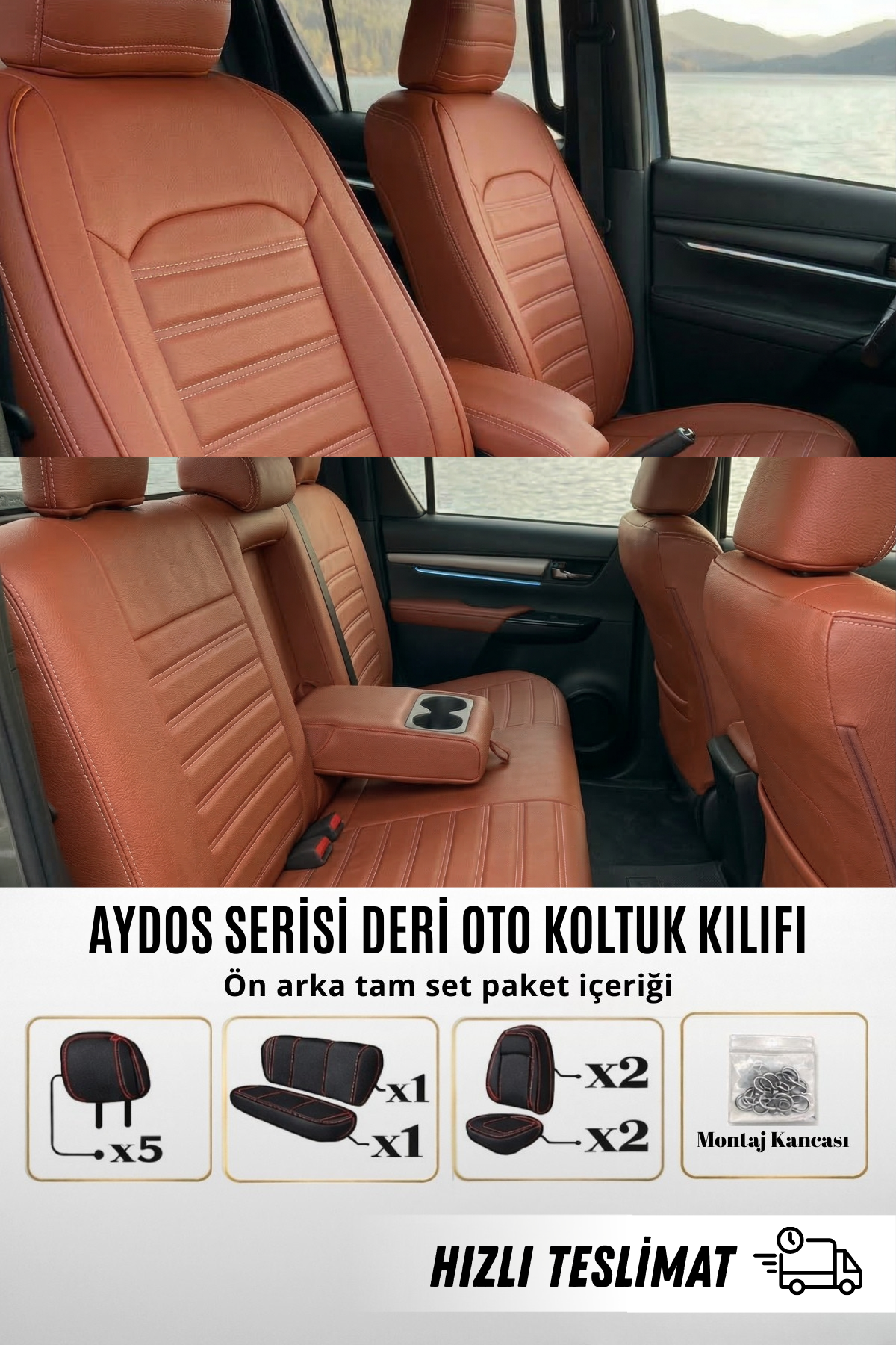 AYDOS Serisi Deri Kumaş Universal Oto Koltuk Kılıfı Tam Set