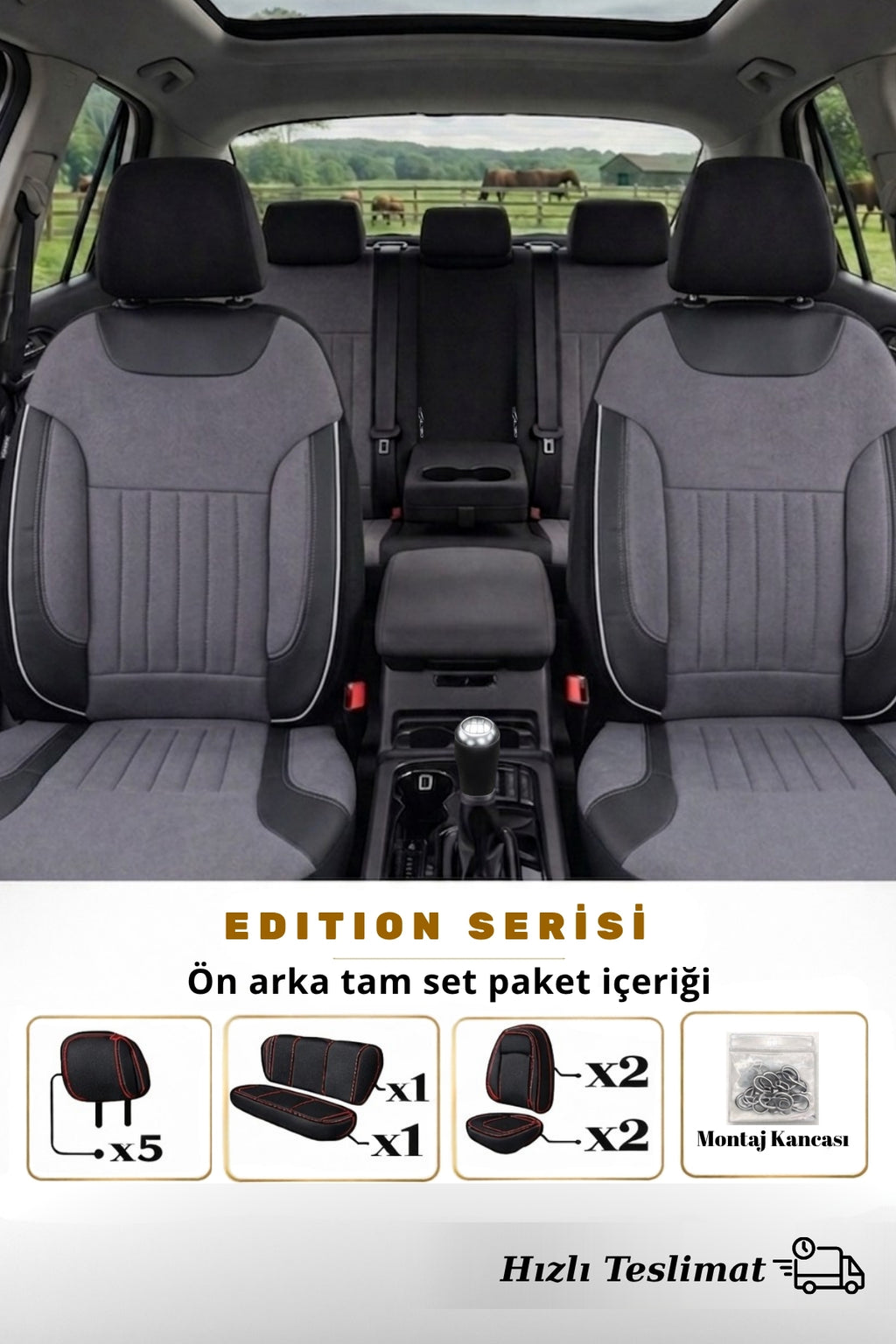 Edition Serisi Tay Tüyü Kumaş Universal Oto Koltuk Kılıfı Tam Set