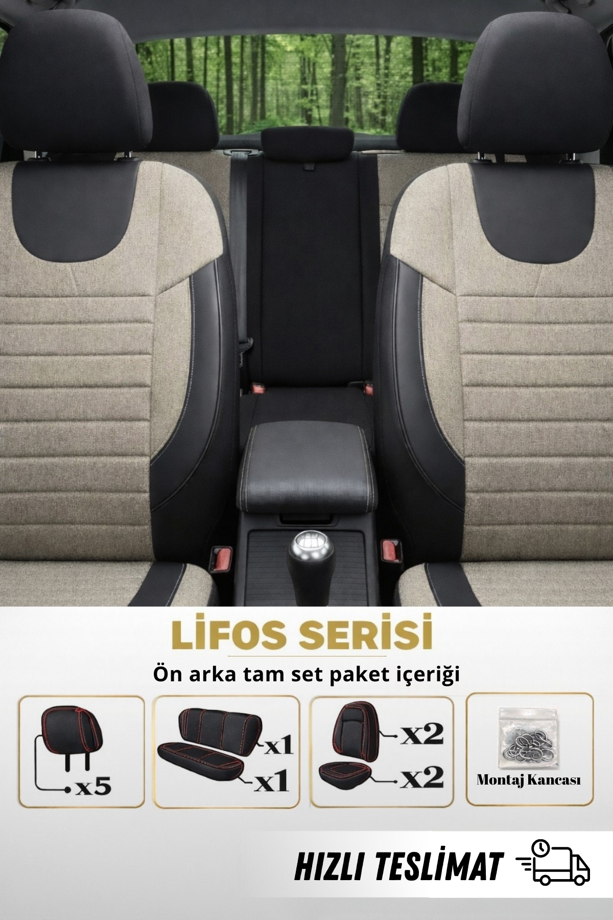 LİFOS Serisi Koton Kumaş Universal Oto Koltuk Kılıfı Tam Set