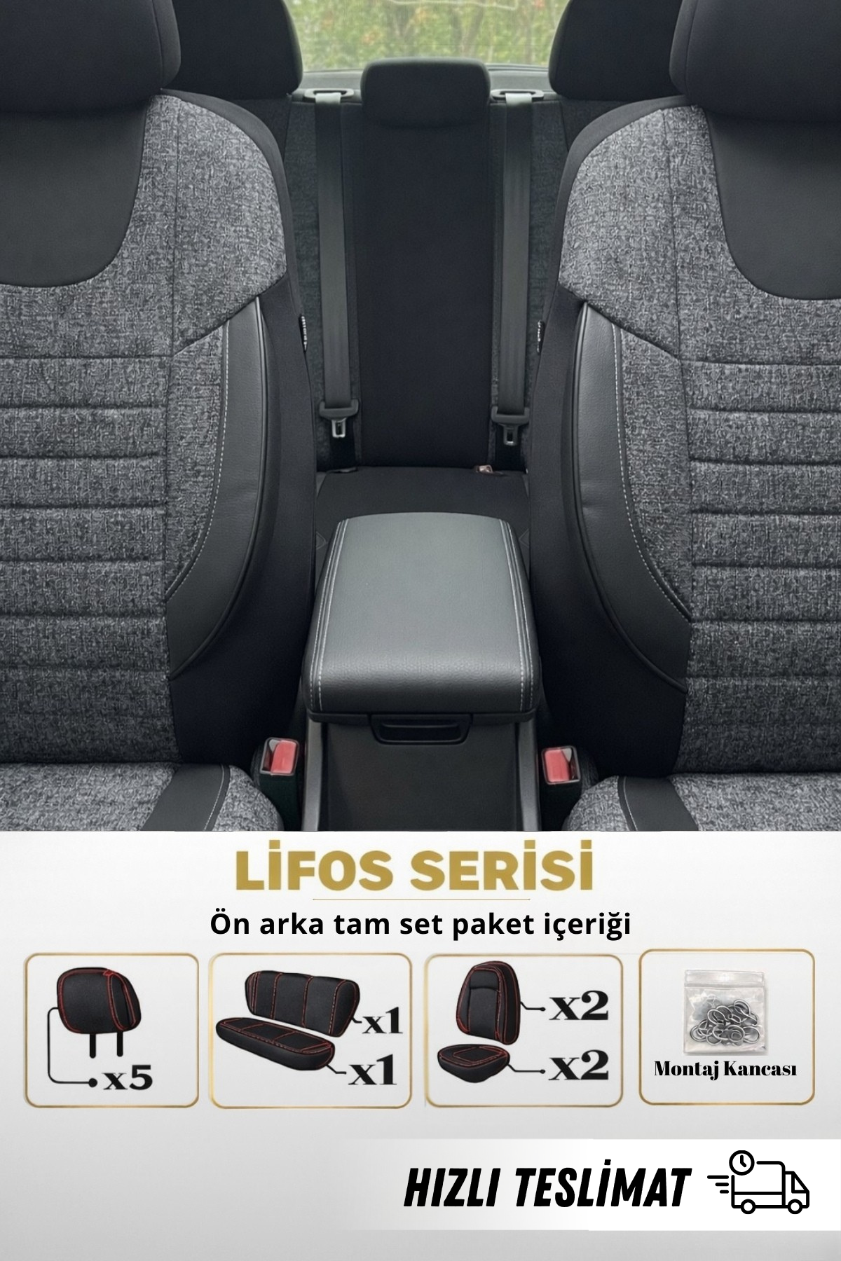 LİFOS Serisi Koton Kumaş Universal Oto Koltuk Kılıfı Tam Set