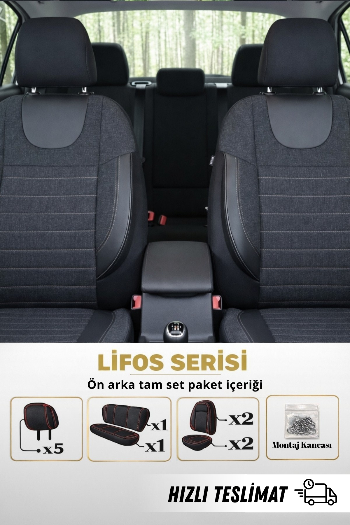 LİFOS Serisi Koton Kumaş Universal Oto Koltuk Kılıfı Tam Set