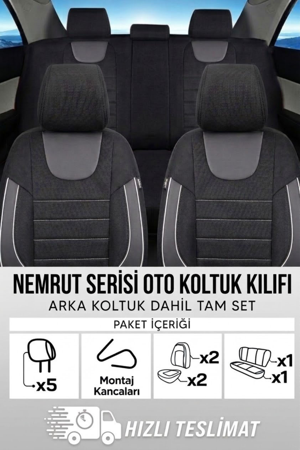 NEMRUT Serisi Lakost Kumaş Universal Oto Koltuk Kılıfı Tam Set