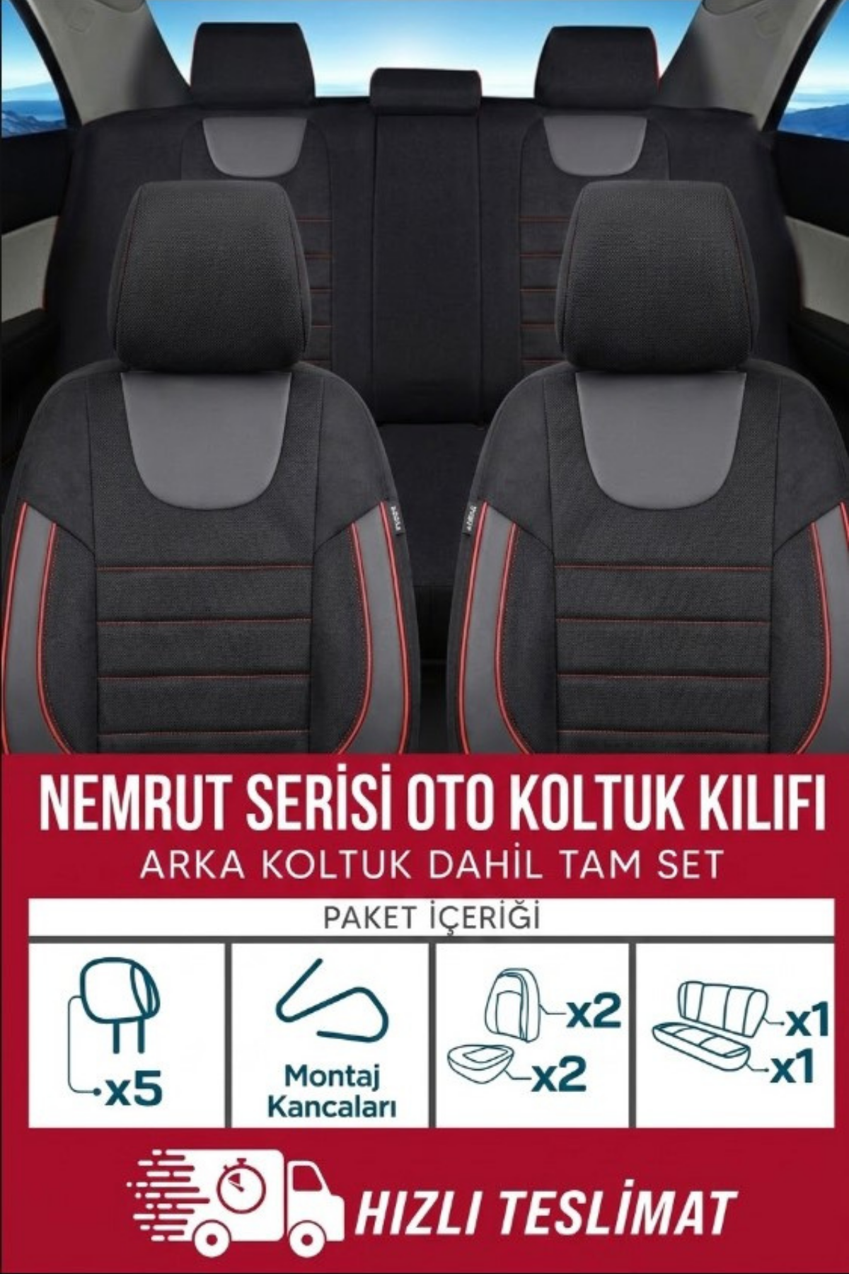 NEMRUT Serisi Lakost Kumaş Universal Oto Koltuk Kılıfı Tam Set