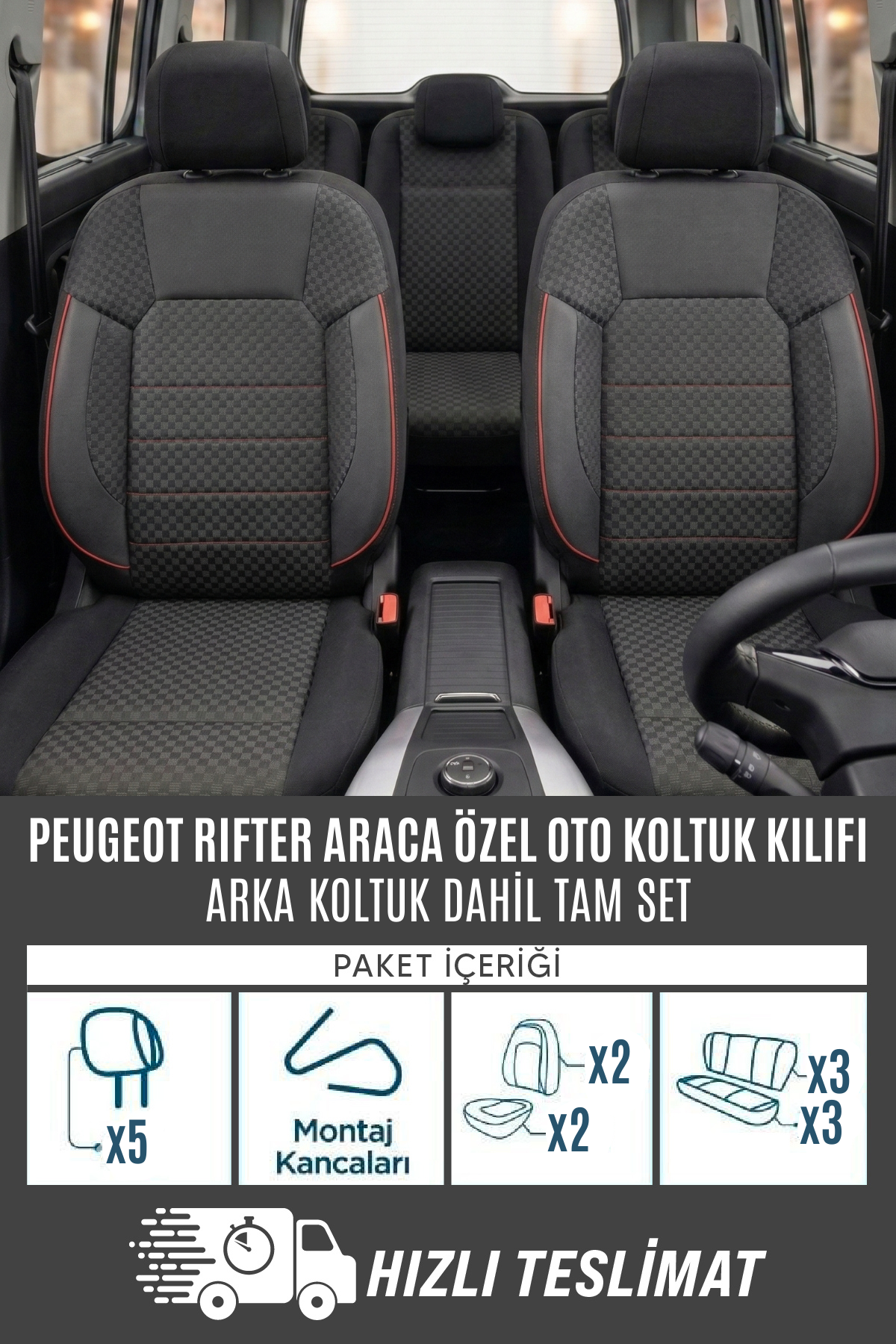 Peugeot Rifter Uyumlu Pamuklu Kumaş Araca Özel Oto Koltuk Kılıfı Tam Set