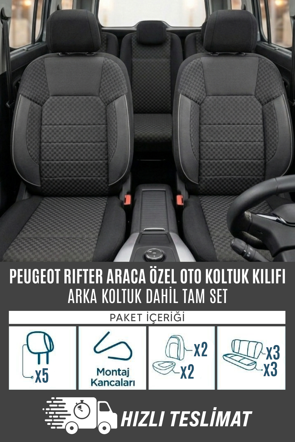 Peugeot Rifter Uyumlu Pamuklu Kumaş Araca Özel Oto Koltuk Kılıfı Tam Set