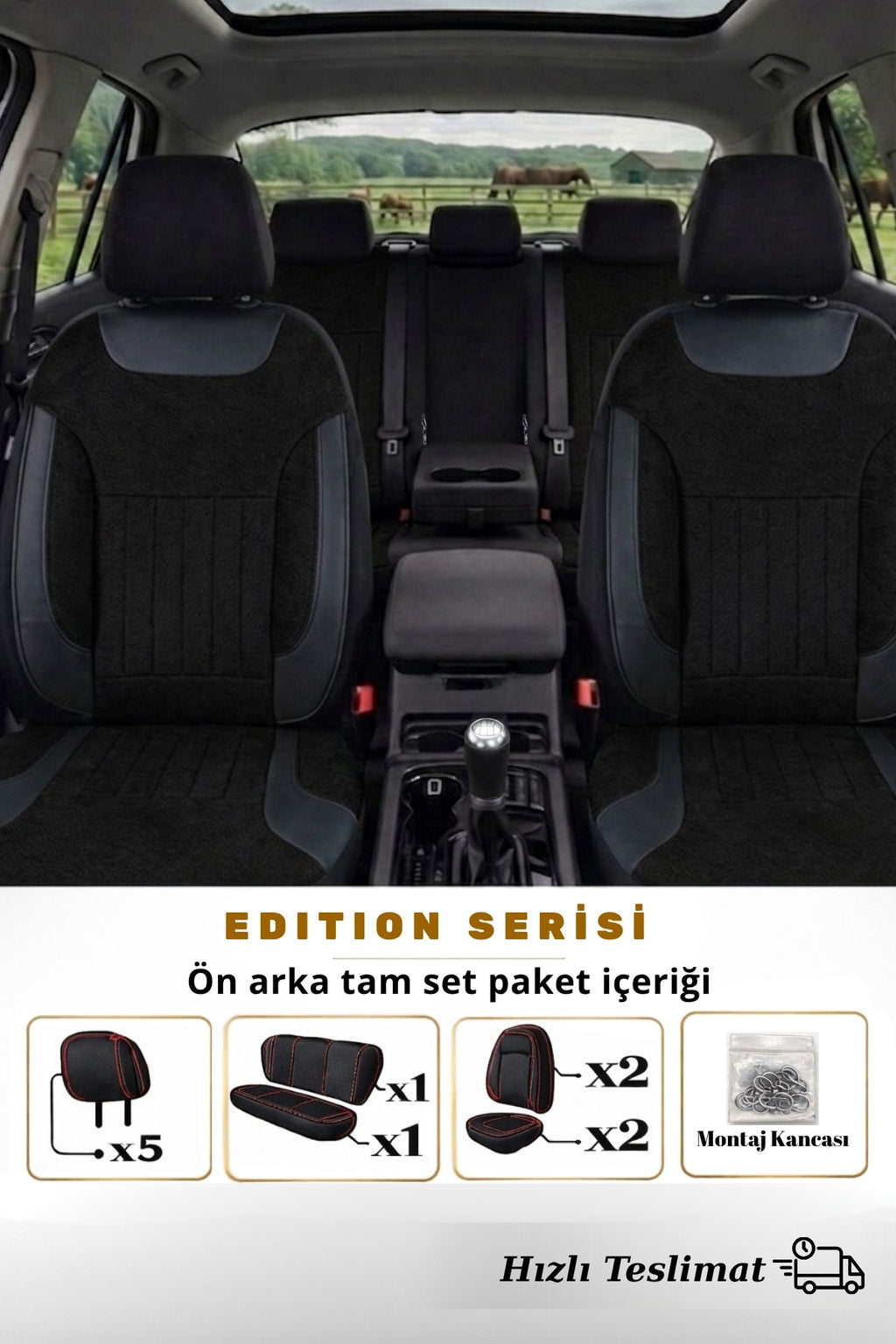 Edition Serisi Tay Tüyü Kumaş Universal Oto Koltuk Kılıfı Tam Set