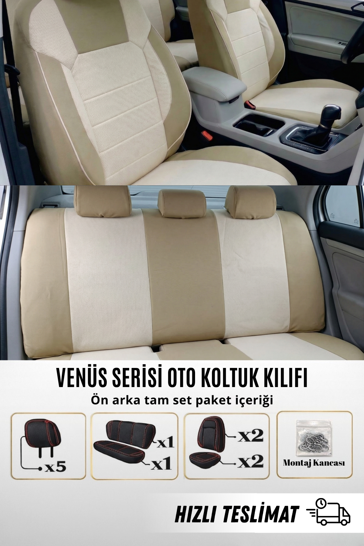 VENÜS Serisi File Kumaş Universal Oto Koltuk Kılıfı Tam Set - Bej