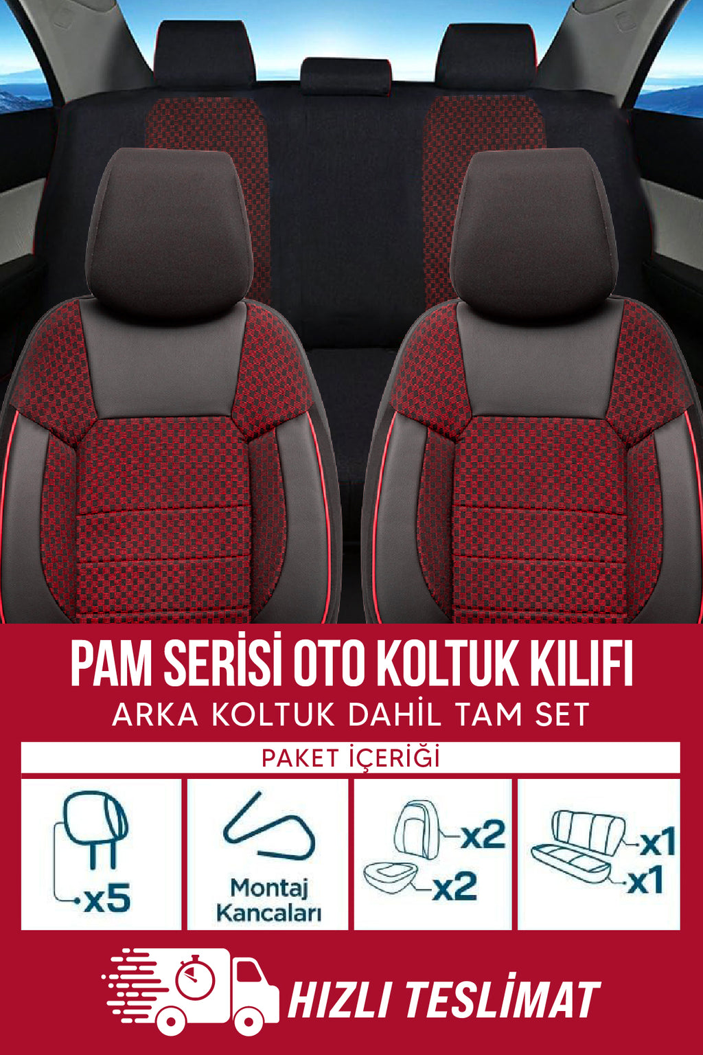 PAM Serisi Pamuklu Kumaş Universal Oto Koltuk Kılıfı Tam Set