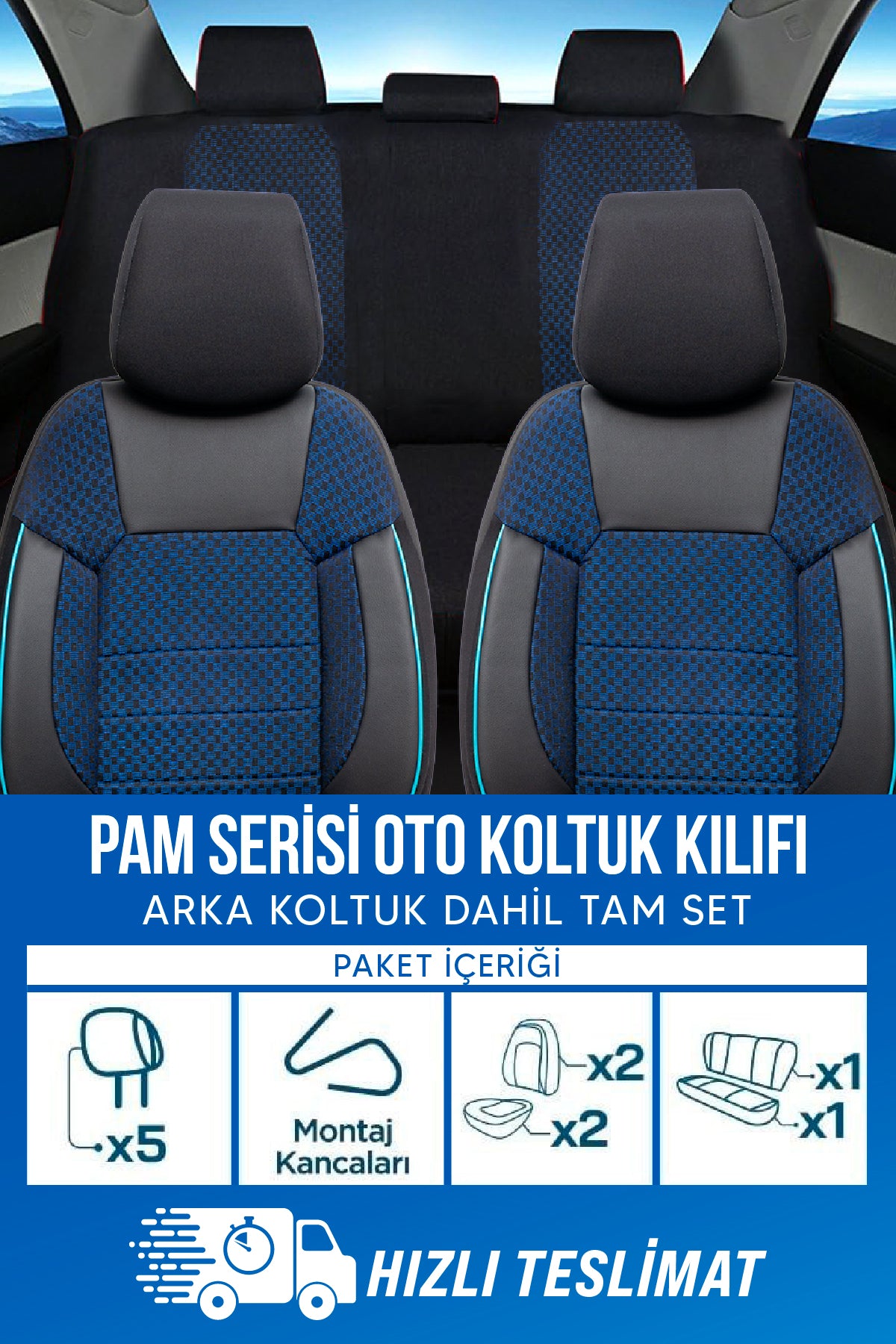 PAM Serisi Pamuklu Kumaş Universal Oto Koltuk Kılıfı Tam Set