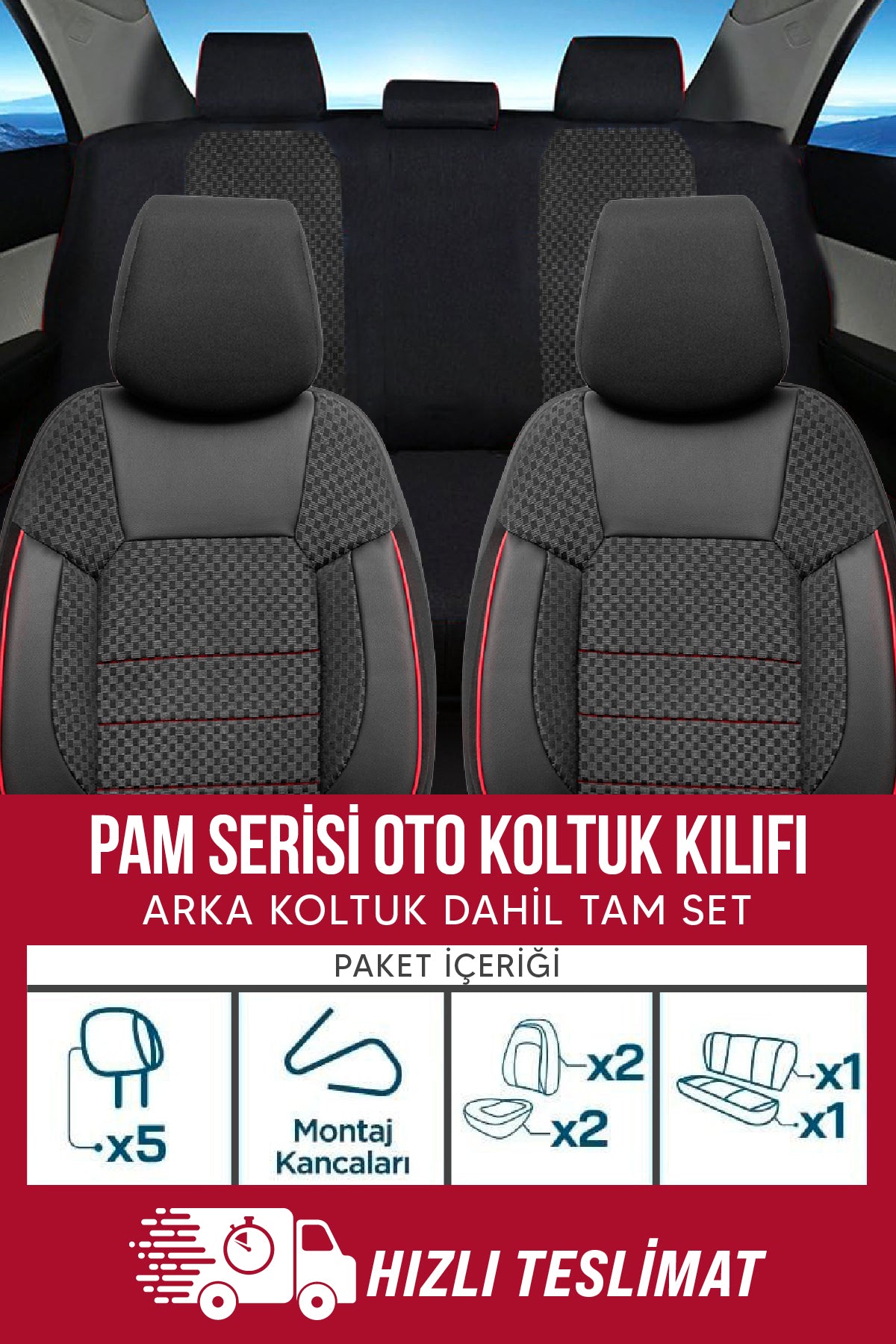 PAM Serisi Pamuklu Kumaş Universal Oto Koltuk Kılıfı Tam Set