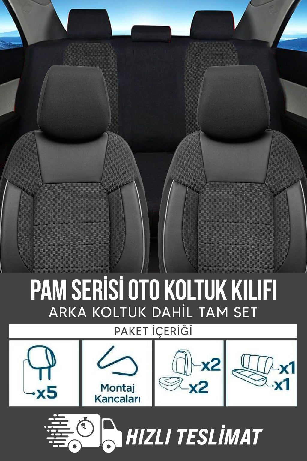 PAM Serisi Pamuklu Kumaş Universal Oto Koltuk Kılıfı Tam Set