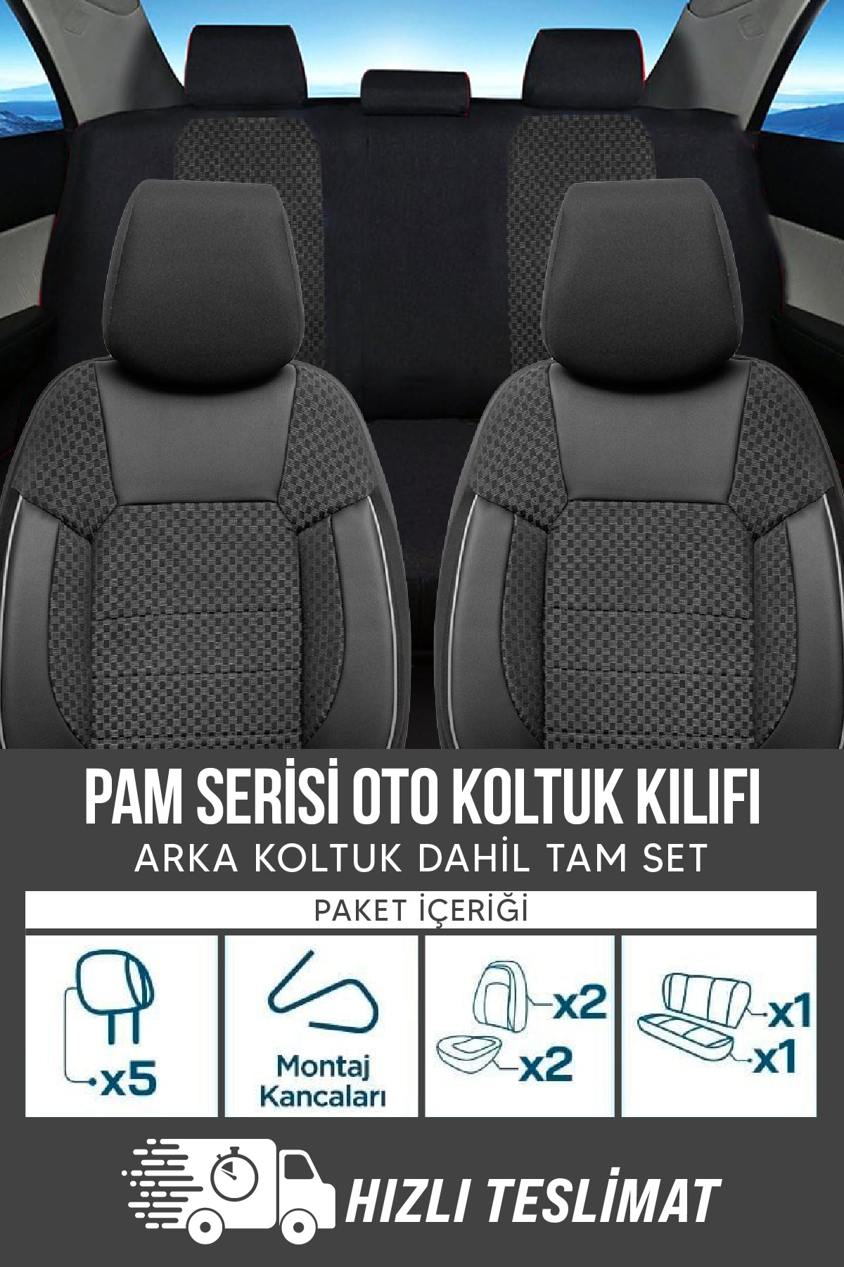 PAM Serisi Pamuklu Kumaş Universal Oto Koltuk Kılıfı Tam Set