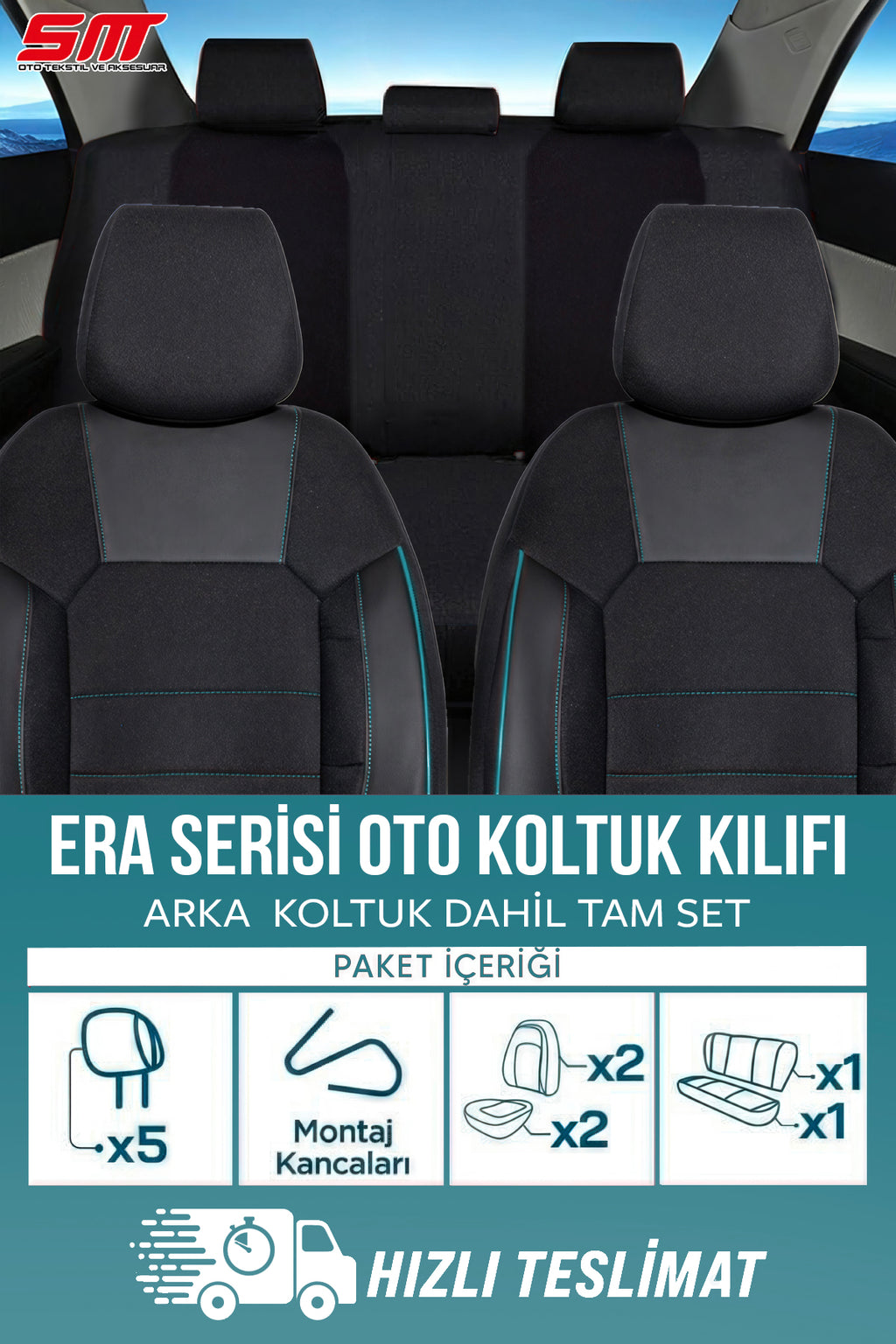ERA Serisi Lakost Kumaş Universal Oto Koltuk Kılıfı Tam Set